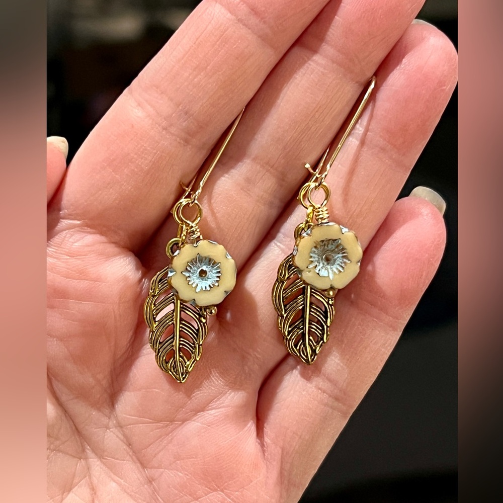 New Beautiful Pale Blue Czech Glass Flower & Bronze Leaf Earrings